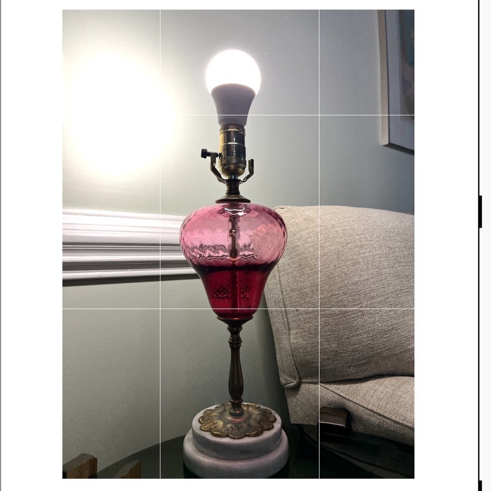 VTG Pairpoint Quilted Hand Blown Cranberry Crystal Table Lamp W Dbl Marble Base